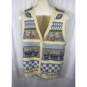 Yellow Button Flower Sweater Vest Cottagecore Granny Vintage 90s Boho Garden J1